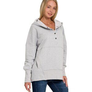 Zenana Heather Grey Half Button Fleece Hooded Kangaroo Pocket Pullover NEW